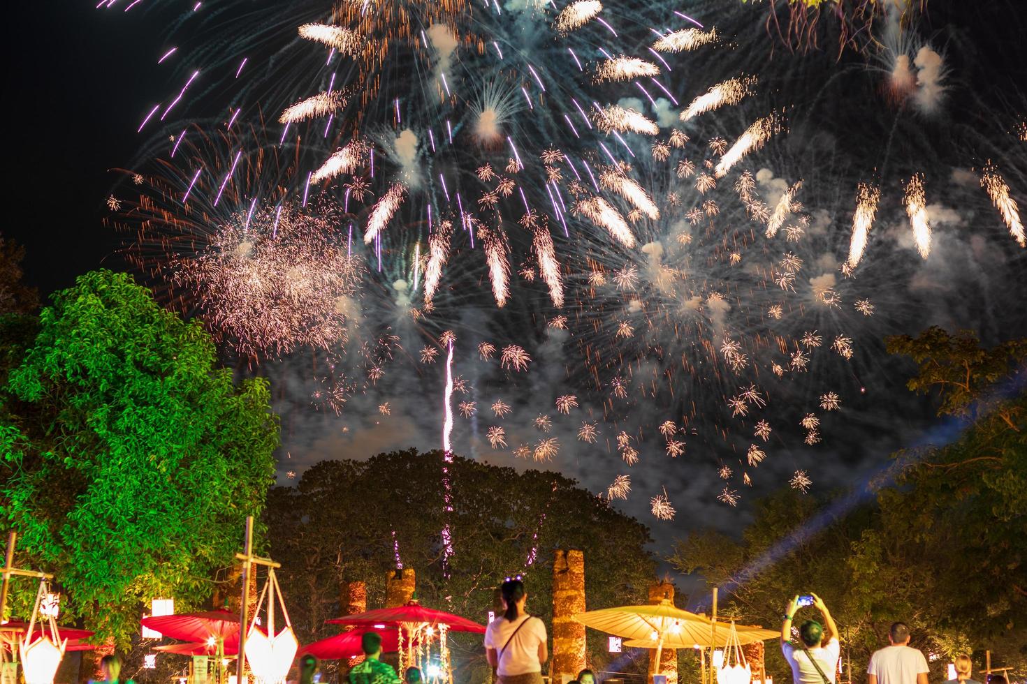 fuegos artificiales sobre los árboles y la gente en el festival. foto