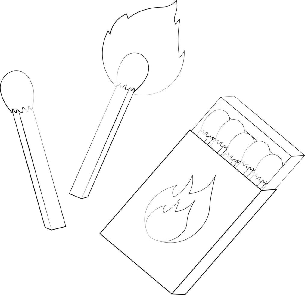 Safety match, burning match and box in black and white vector
