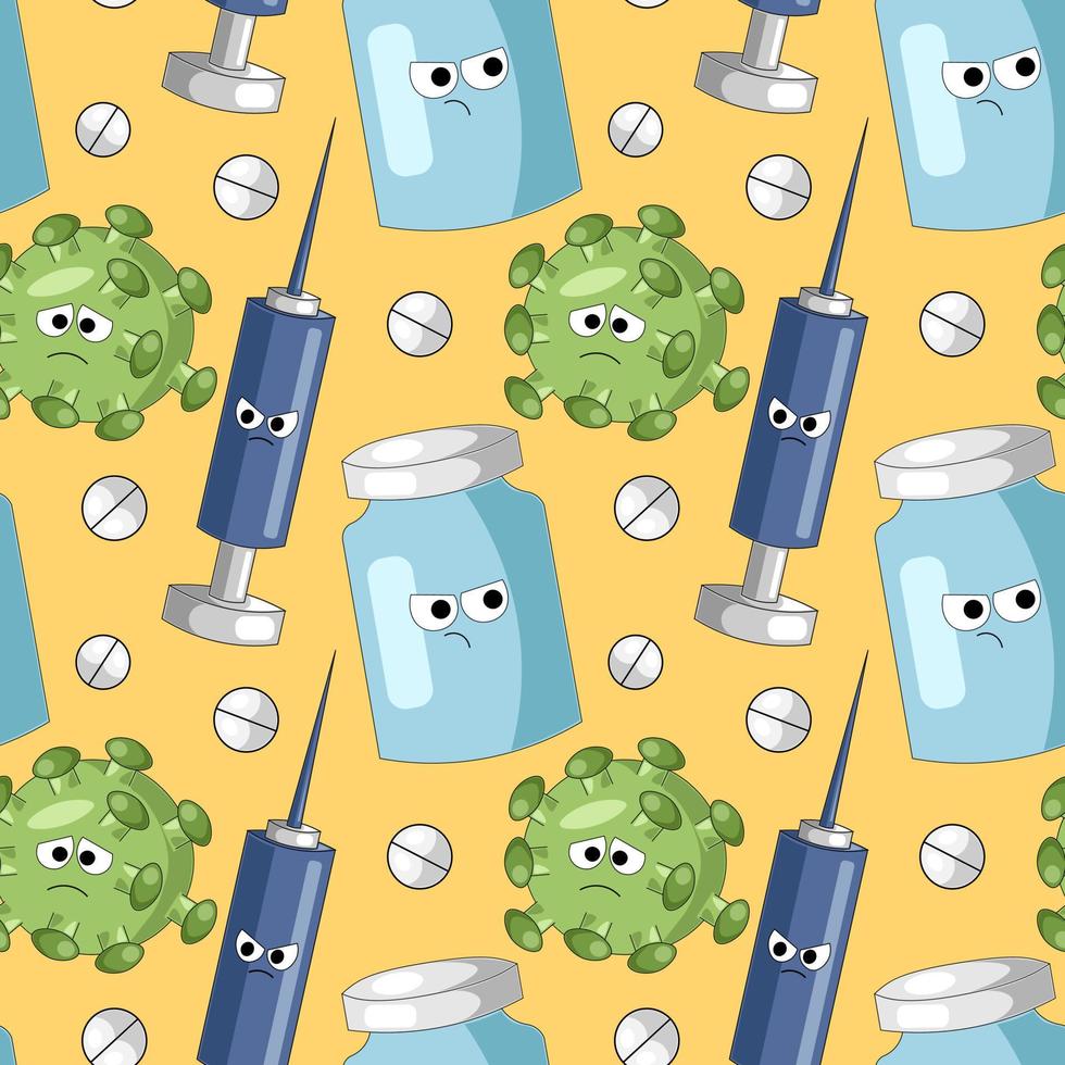 Seamless vector pattern with cartoon syringe, vaccine and virus