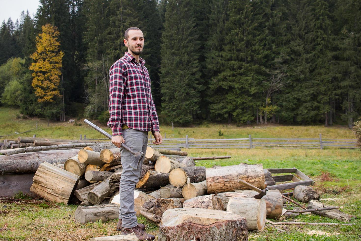yong male in forest choping wood with steel axe, country landscape with lumberjack photo