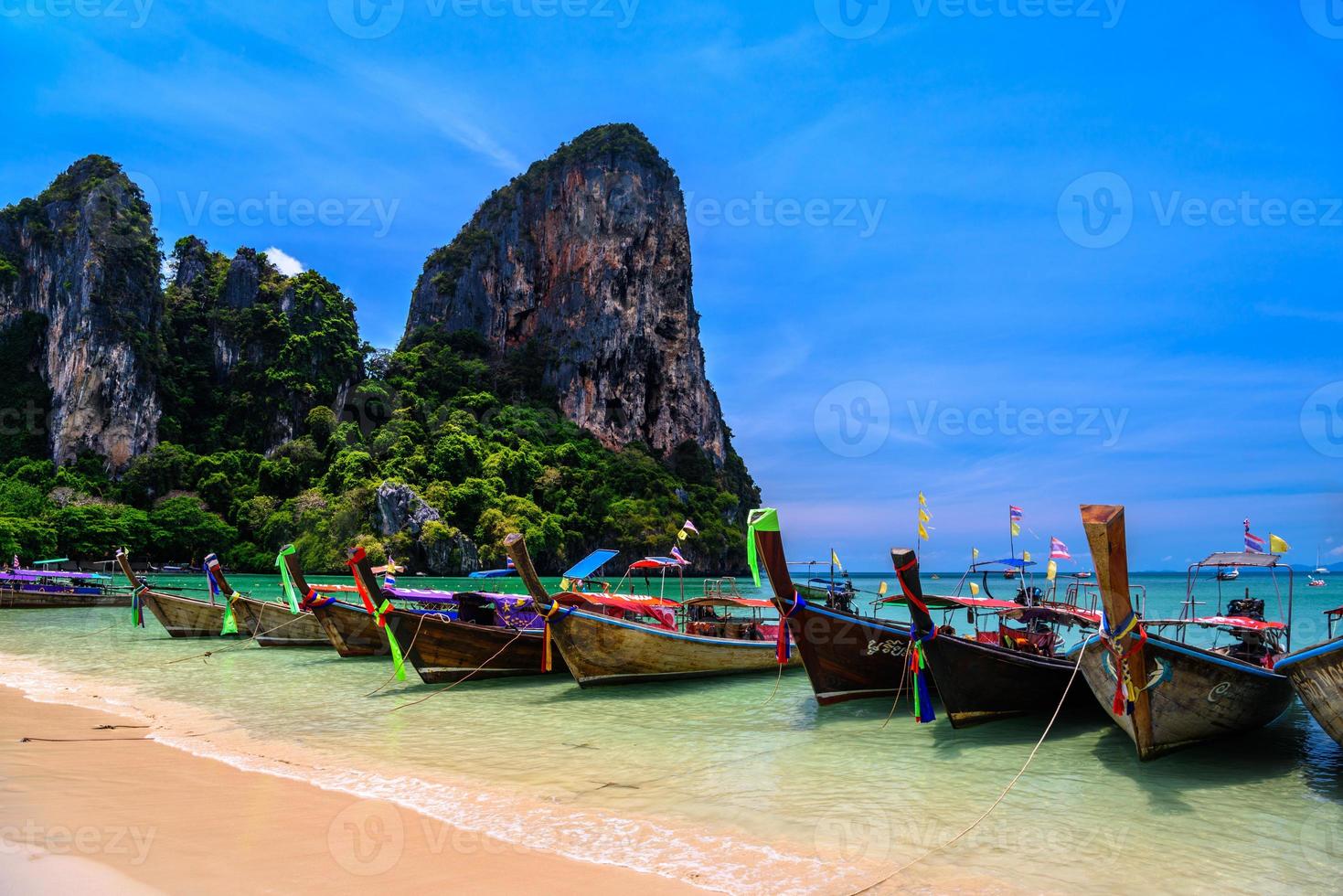 Long tail boats and rocks on Railay beach west, Ao Nang, Krabi, photo