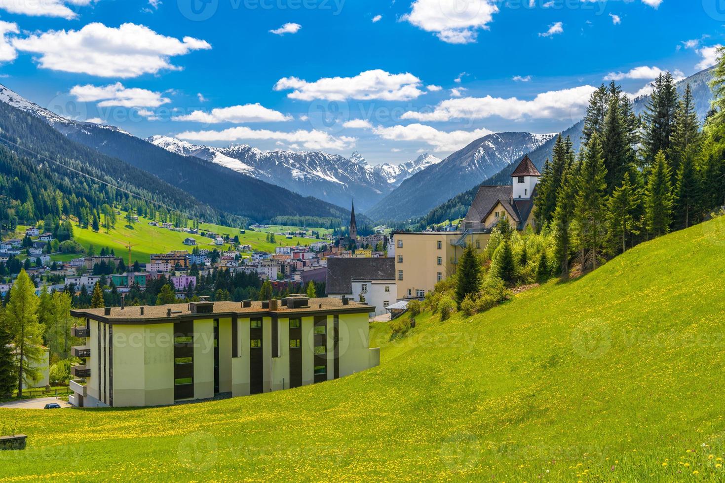 Houses in town village in Alps mountains, Davos,  Graubuenden, S photo