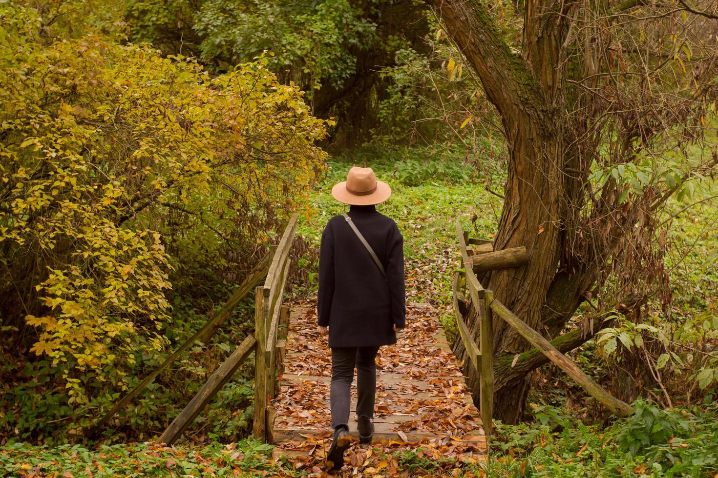 woman in hat walking alone in the beautiful autumn park photo