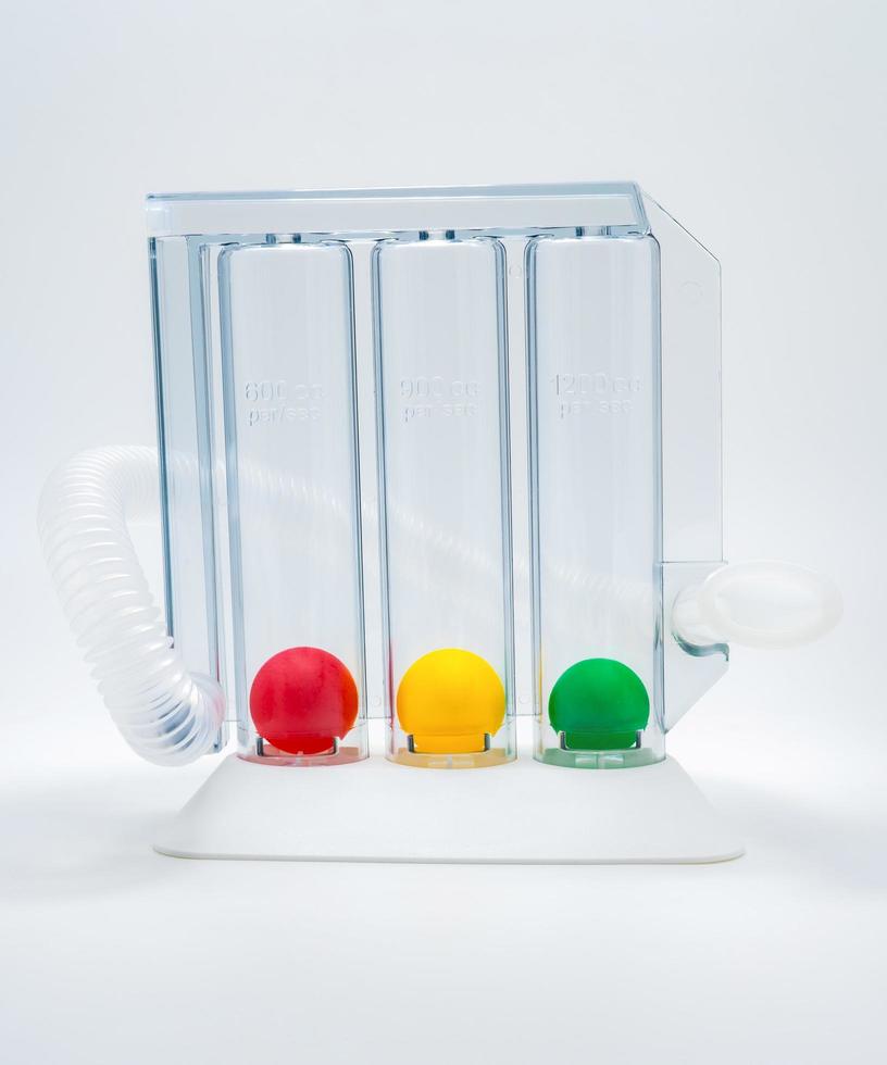 Device for exercising respiration through deep inspiration triple chamber. Medical equipment for respiratory therapy after surgery. Deep Breathing lung exerciser. Breath Measurement. 3 color balls. photo