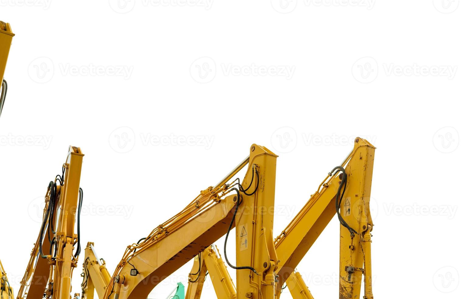 Yellow backhoe with hydraulic piston arm isolated on white. Heavy machine for excavation in construction site. Hydraulic machinery. Huge bulldozer. Heavy machine industry. Mechanical engineering. photo