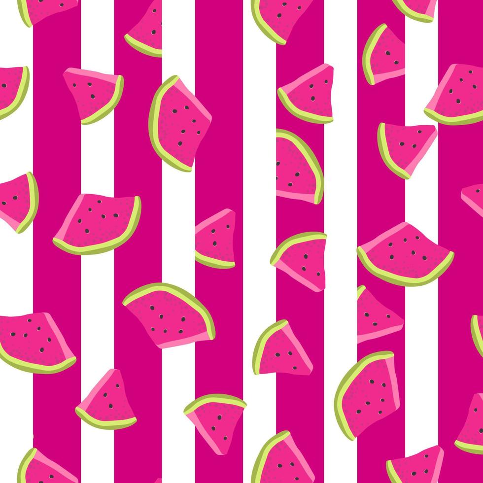 Seamless pattern with pink stripes and slices watermelons. Whole, half, sliced fruit. Hand drawn vector illustration for wrapping paper,  fabric, print, wallpaper, menu, market, restaurant.