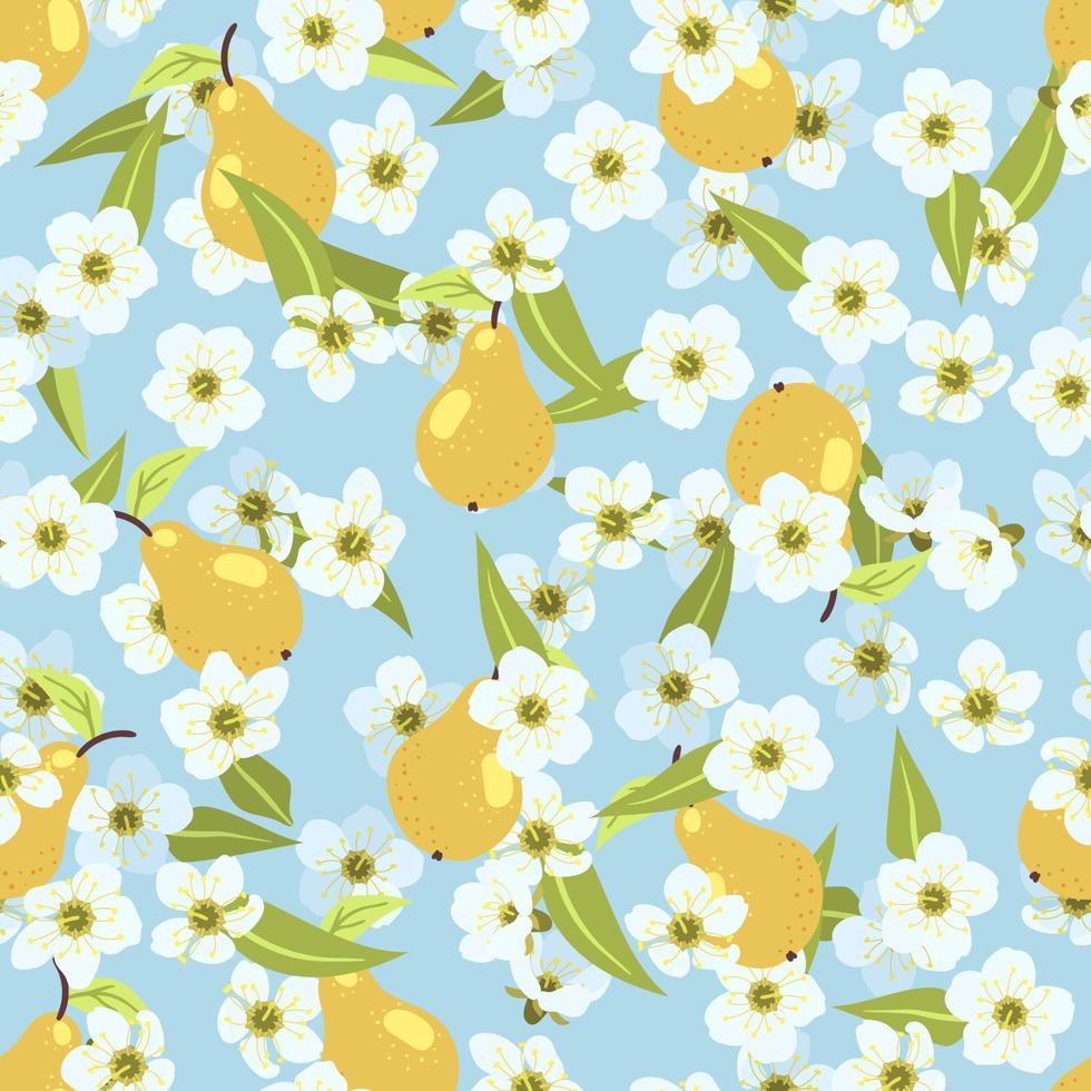 patrón de pera de otoño de verano lindo sin costuras con frutas, hojas, flores blancas sobre fondo de cielo azul. cubierta de ilustración vectorial, textura de papel pintado, telón de fondo envolvente, embalaje vintage. vector