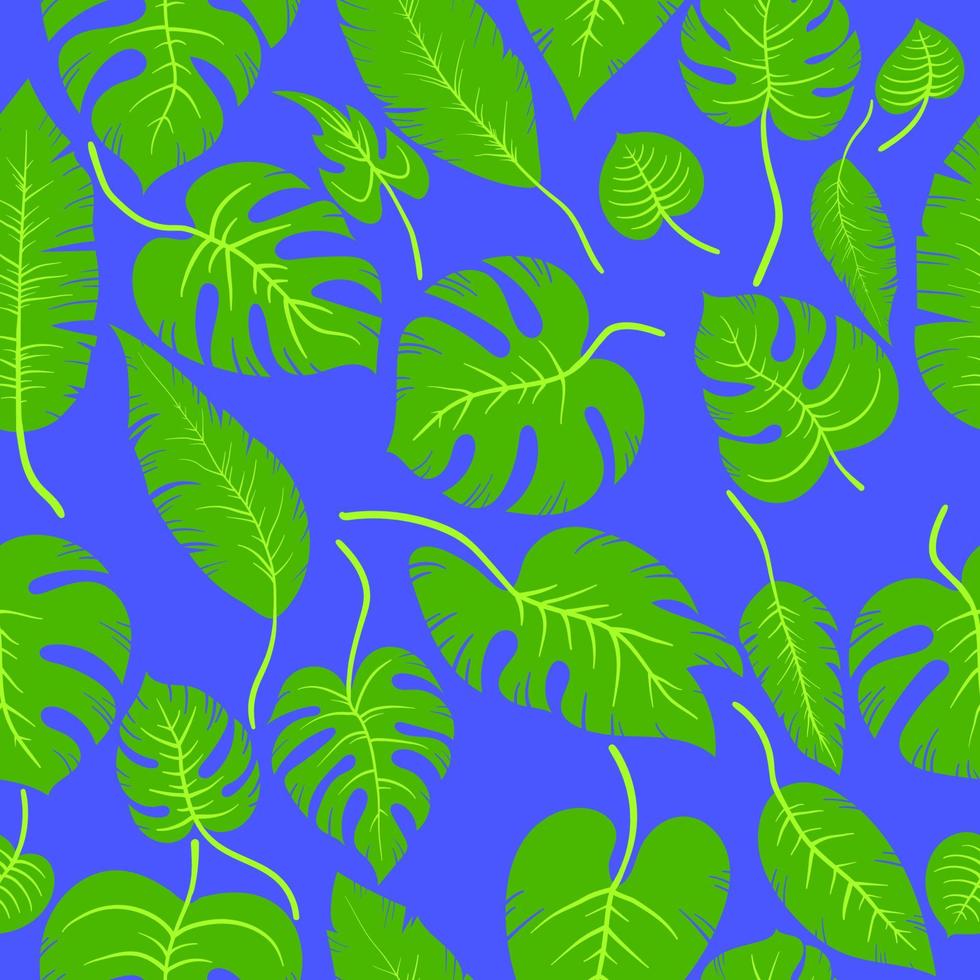 Hand drawn simple leaf monstera and palm leaves. Seamless vector cartoon blue tropic leaves jungle plant pattern in layers with shadows. Wallpaper, wrapping, and background.