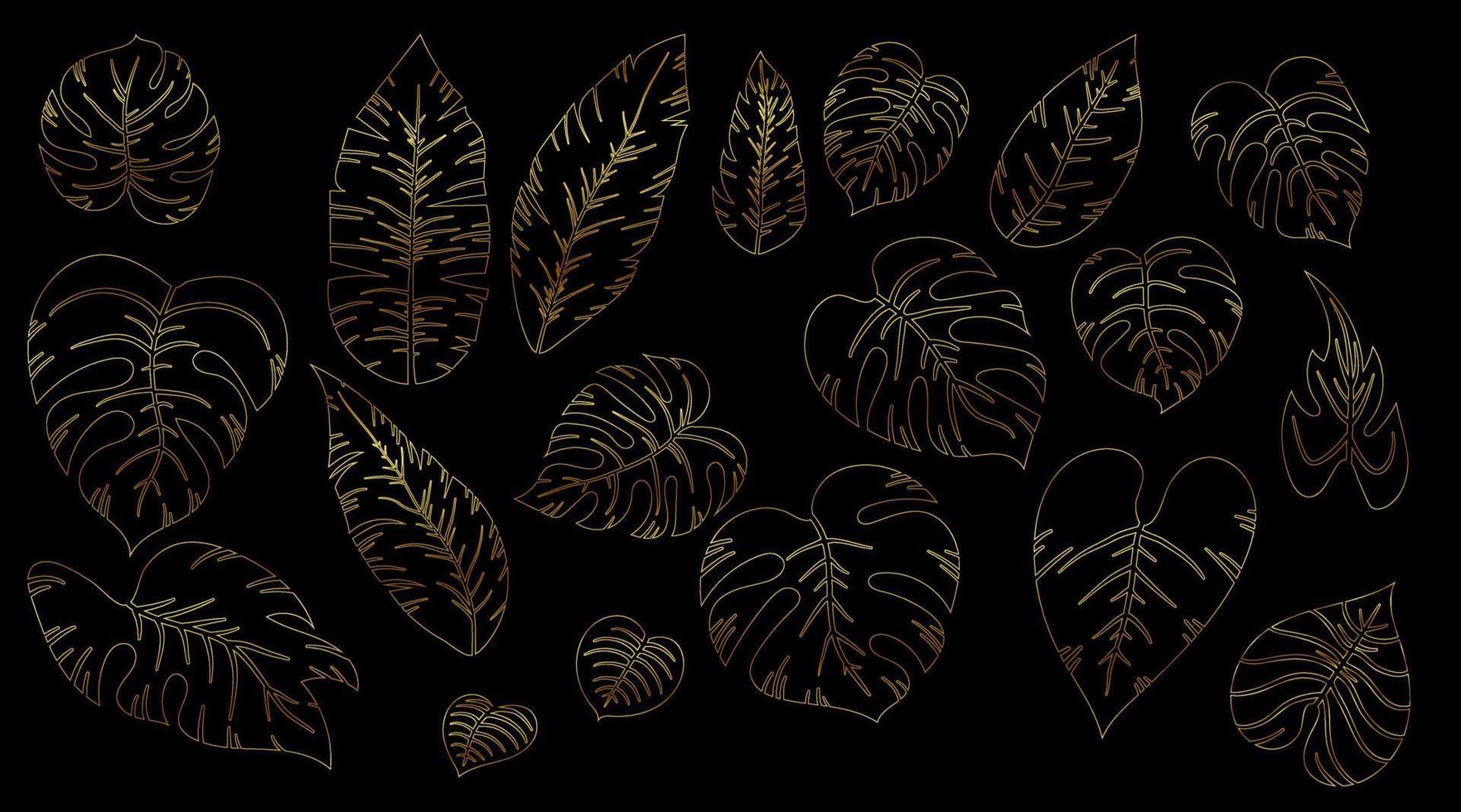 Set of line golden tropical exotic leaves of different types. Contour jungle plants. Hibiscus leaves, monstera and palm leaves. Outline hand drawn botanical vector illustration isolated on black.