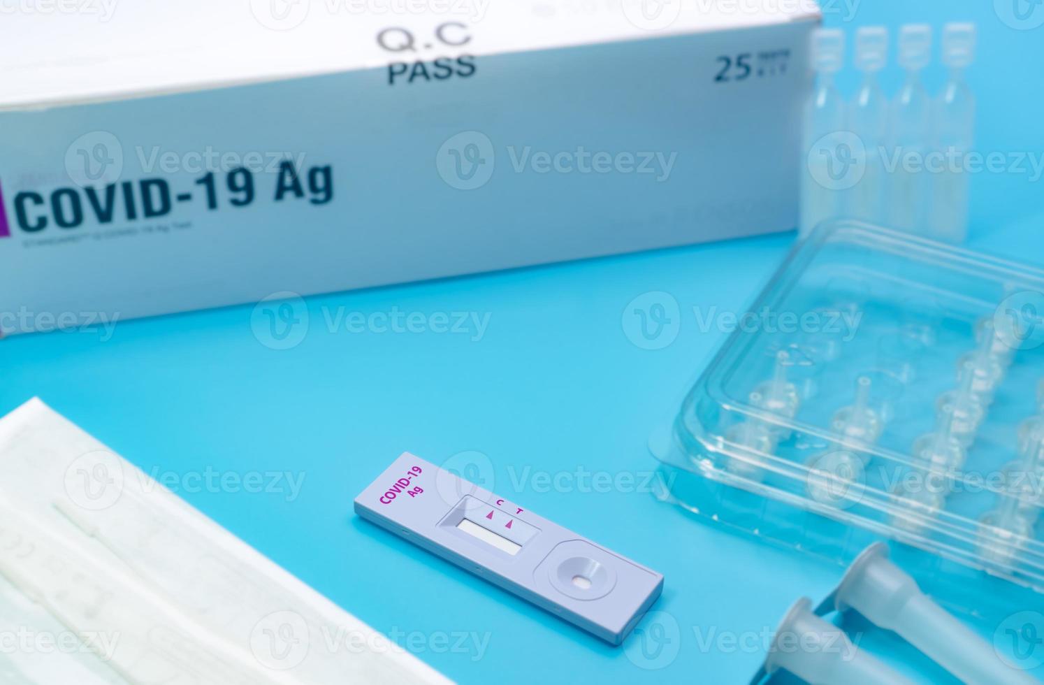 Covid 19 antigen self test for nasal swab. Antigen test kit for home use to detection coronavirus infection. Rapid antigen test. Corona virus diagnosis. Medical device for covid-19 Antigen test. photo