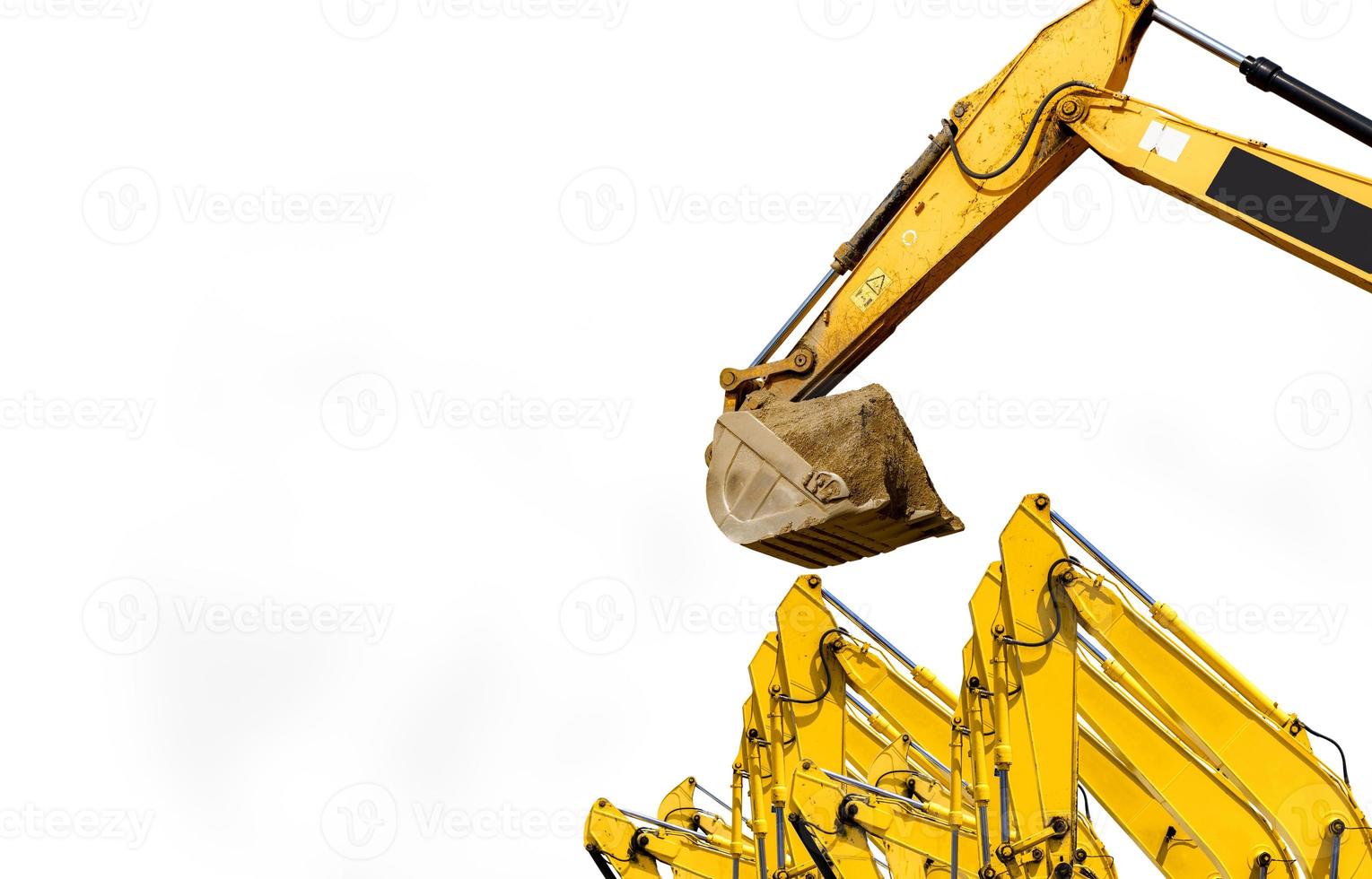 Backhoe with hydraulic piston arm isolated on white background. Backhoe bucket loading soil. Digger machine. Hydraulic machinery. Bulldozer or excavator machine. Excavator for sale and rent business. photo
