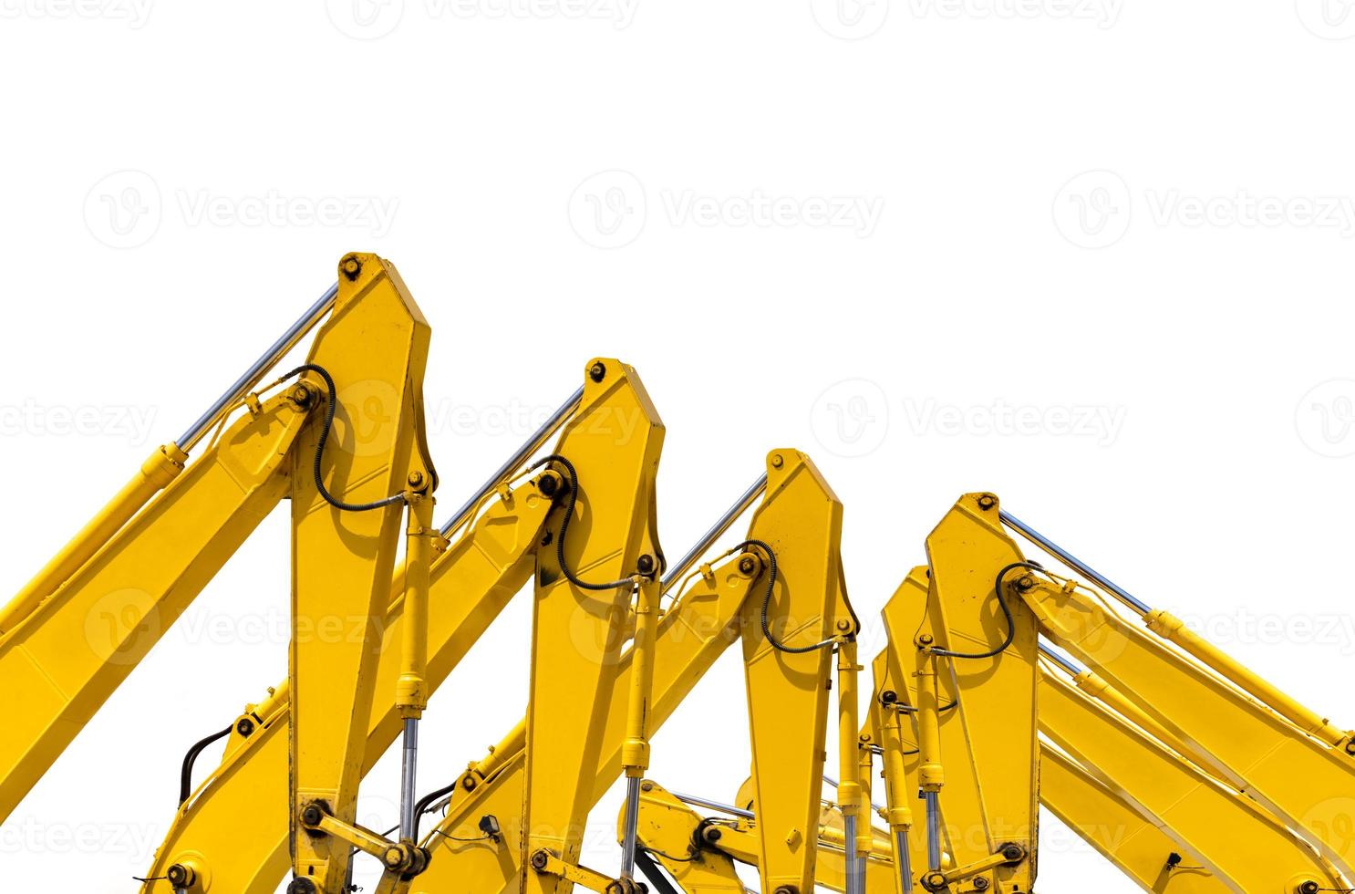 Yellow backhoe with hydraulic piston arm isolated on white. Heavy machine for excavation in construction site. Hydraulic machinery. Huge bulldozer. Heavy machine industry. Mechanical engineering. photo
