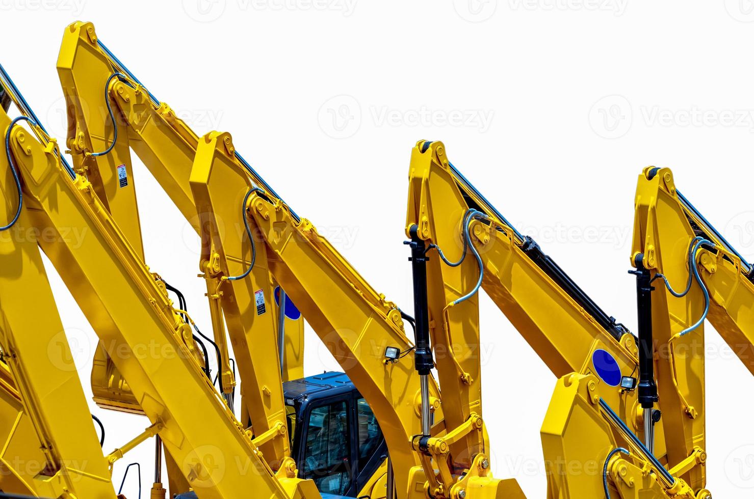 Yellow backhoe with hydraulic piston arm isolated on white. Heavy machine for excavation in construction site. Hydraulic machinery. Huge bulldozer. Heavy machine industry. Mechanical engineering. photo