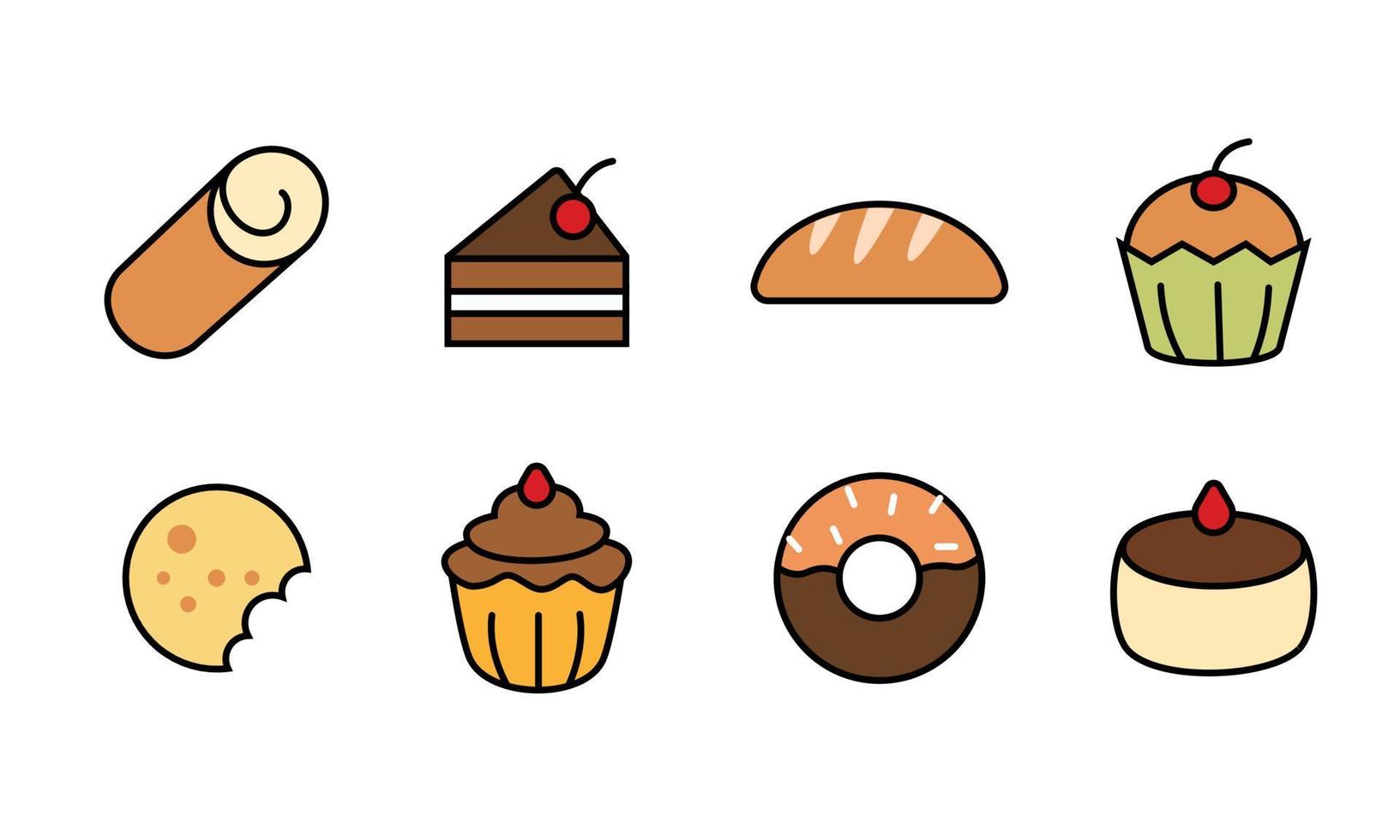 conjunto de pastel lindo en estilo de icono de dibujos animados. diseño de ilustración de comida simple. vector