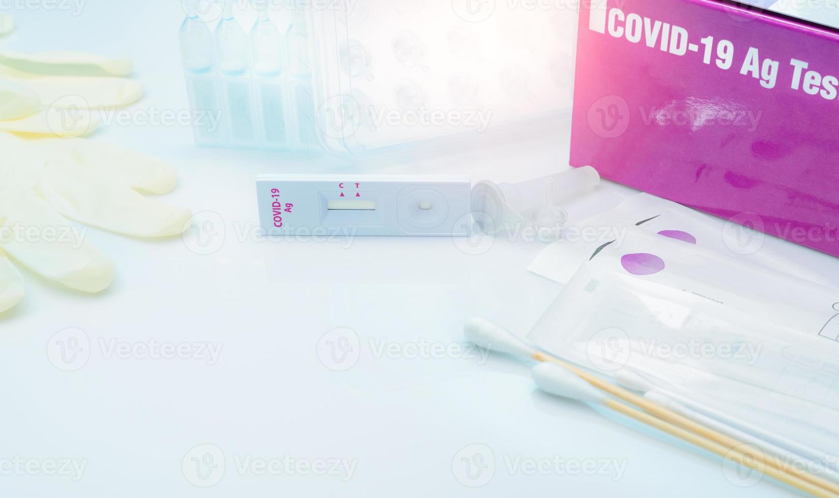 Covid 19 antigen self test for nasal swab. Antigen test kit for home use to detection coronavirus infection. Rapid antigen test. Corona virus diagnosis. Medical device for covid-19 antigen test. photo