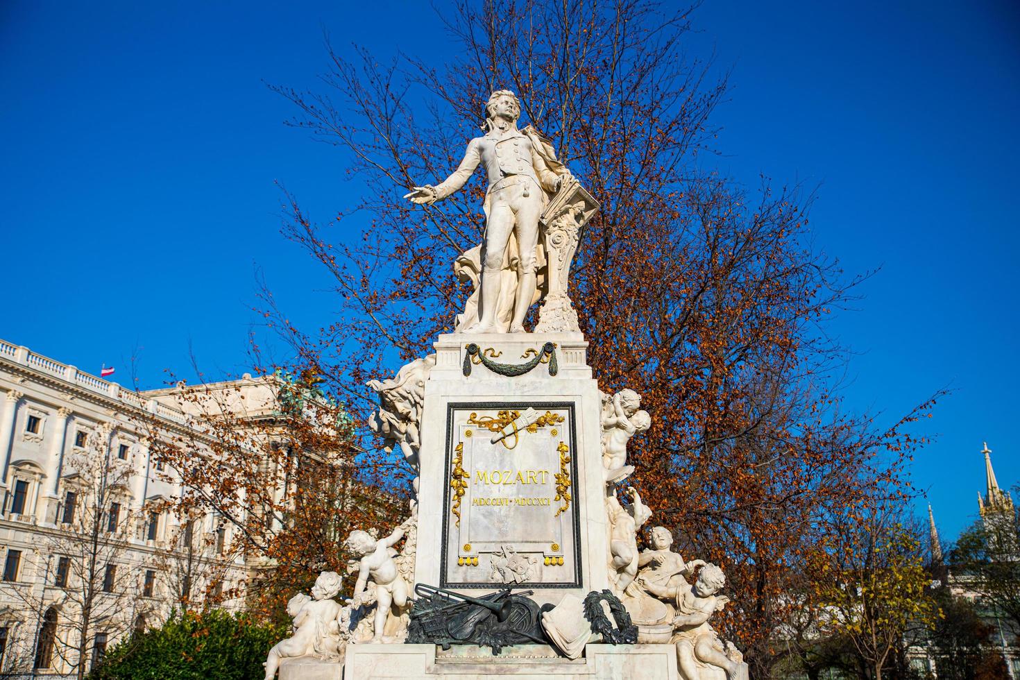 Vienna, Austria 2021 - Marble Statue dedicated to the famous compositor and musician Wolfgang Amadeus Mozart on a sunny day in Burggarten garden in Vienna, Austria photo