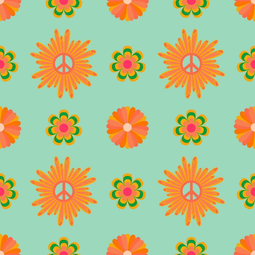 1970 daisy vector seamless pattern with peace sign