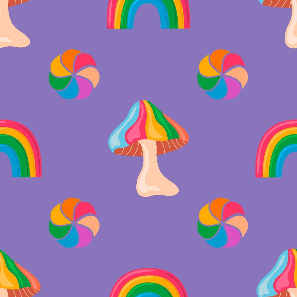 Rainbow fantasy vector seamless pattern with mushrooms