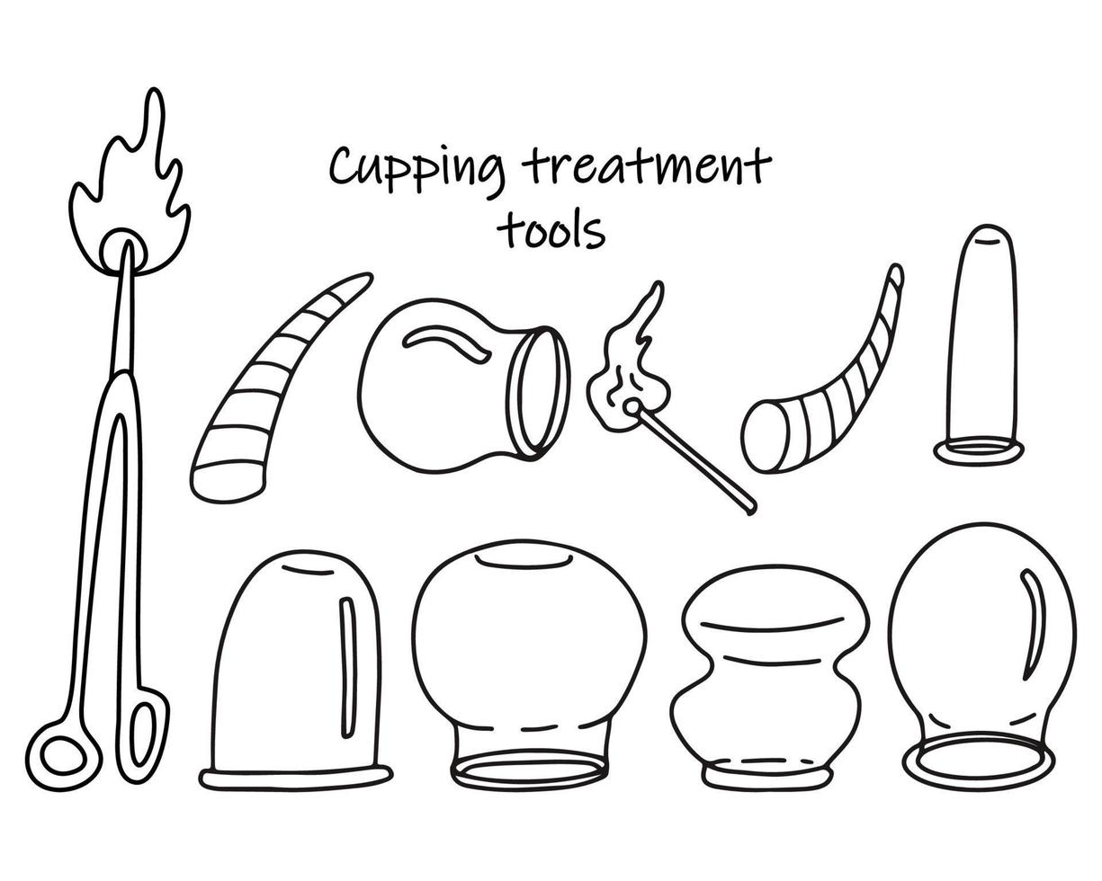 Set of tools for cupping treatment. Alternative medicine. Doodle sketch hand drawn vector  illustration of a medical cups or jars, fire, horns, forceps on white background. Isolated outline.