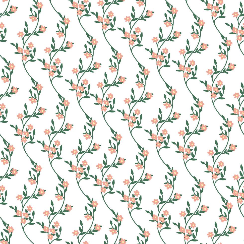 Floral seamless pattern with blooming branches on white background. Hand drawn flat vector illustration.  Great for fabrics, wrapping papers, wallpapers, covers.