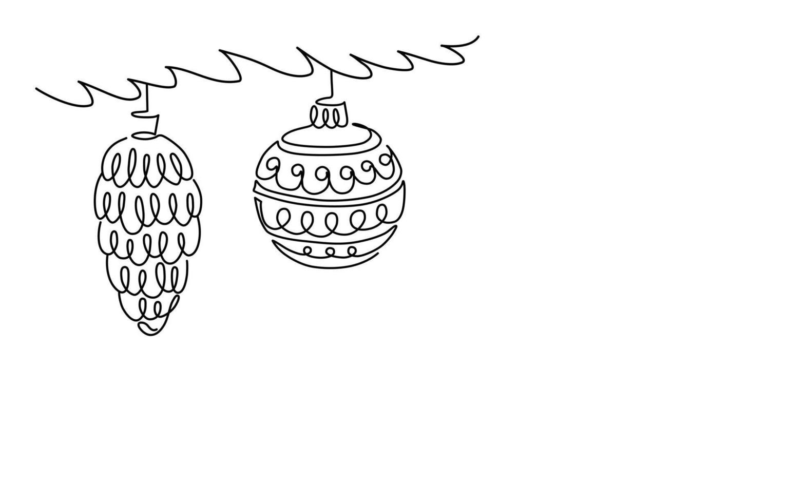 bola de navidad y cono de abeto en la ilustración de vector de contorno de rama de abeto. arte de una línea. plantilla para web, tarjetas de navidad, carteles
