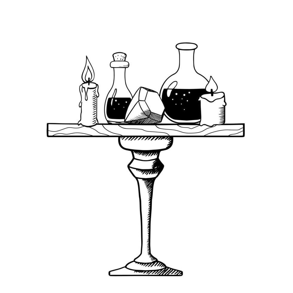 Potion glass bottles and candles on the table. Vintage sketch. Alchemist magic lab with elixir, love potion, crystal. Isolated vector illustration