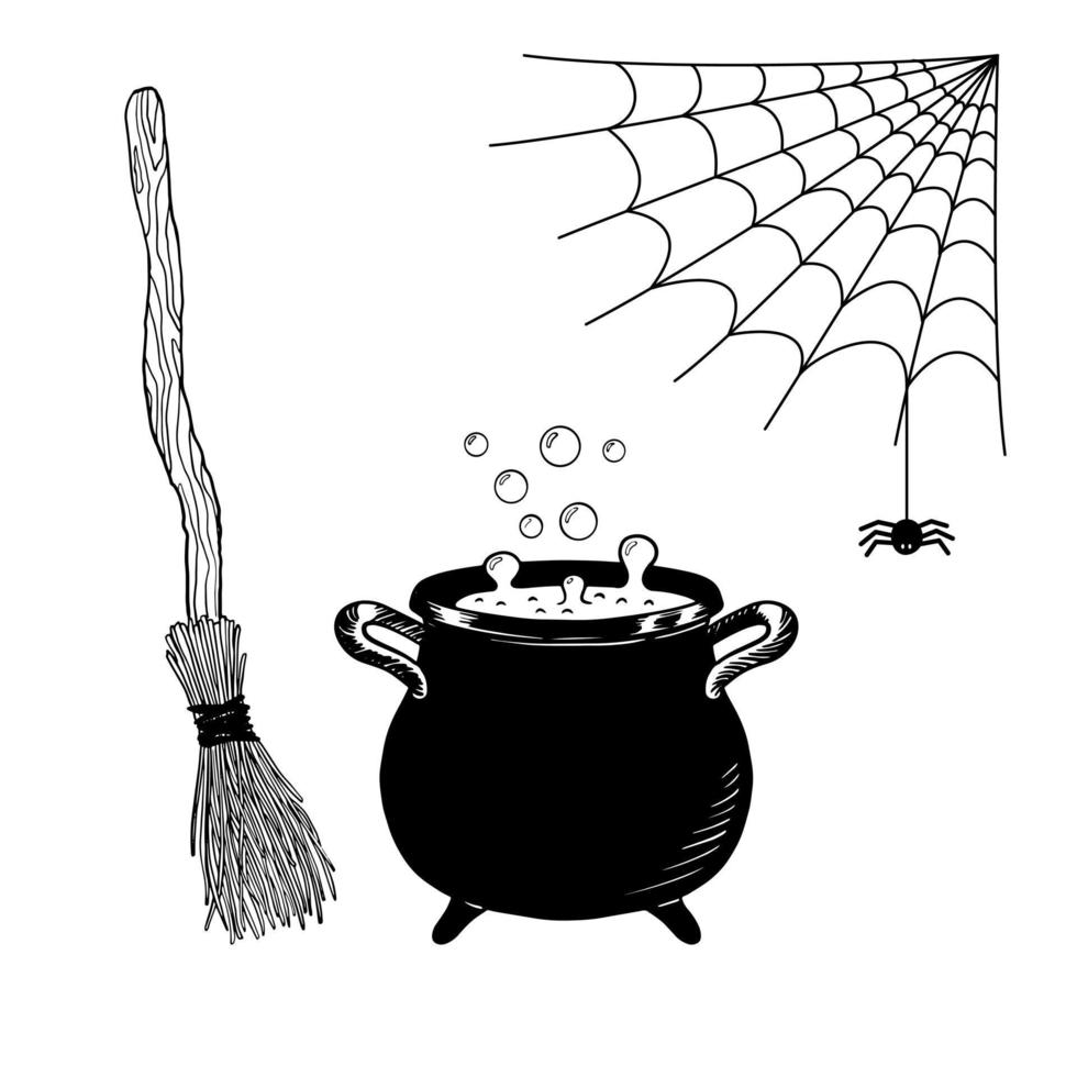 concepto de brujería con caldero, escoba y telaraña. bosquejo místico de halloween. ilustración vectorial aislada para impresiones en bolsas, carteles, tarjetas vector