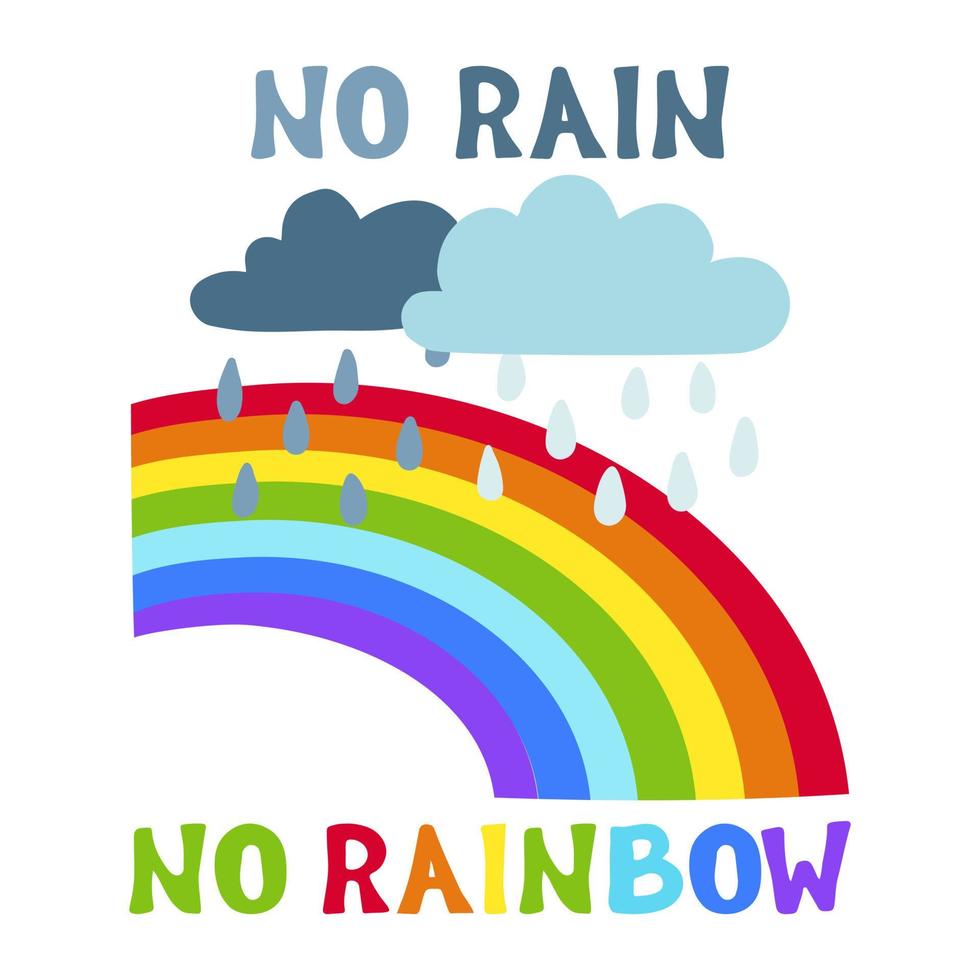 No Rain No Rainbow Inscription with clouds and raindrops. Hand drawn vector Quote Lettering illustration. Designed for t-shirt, eco bag, poster, home design, decoration