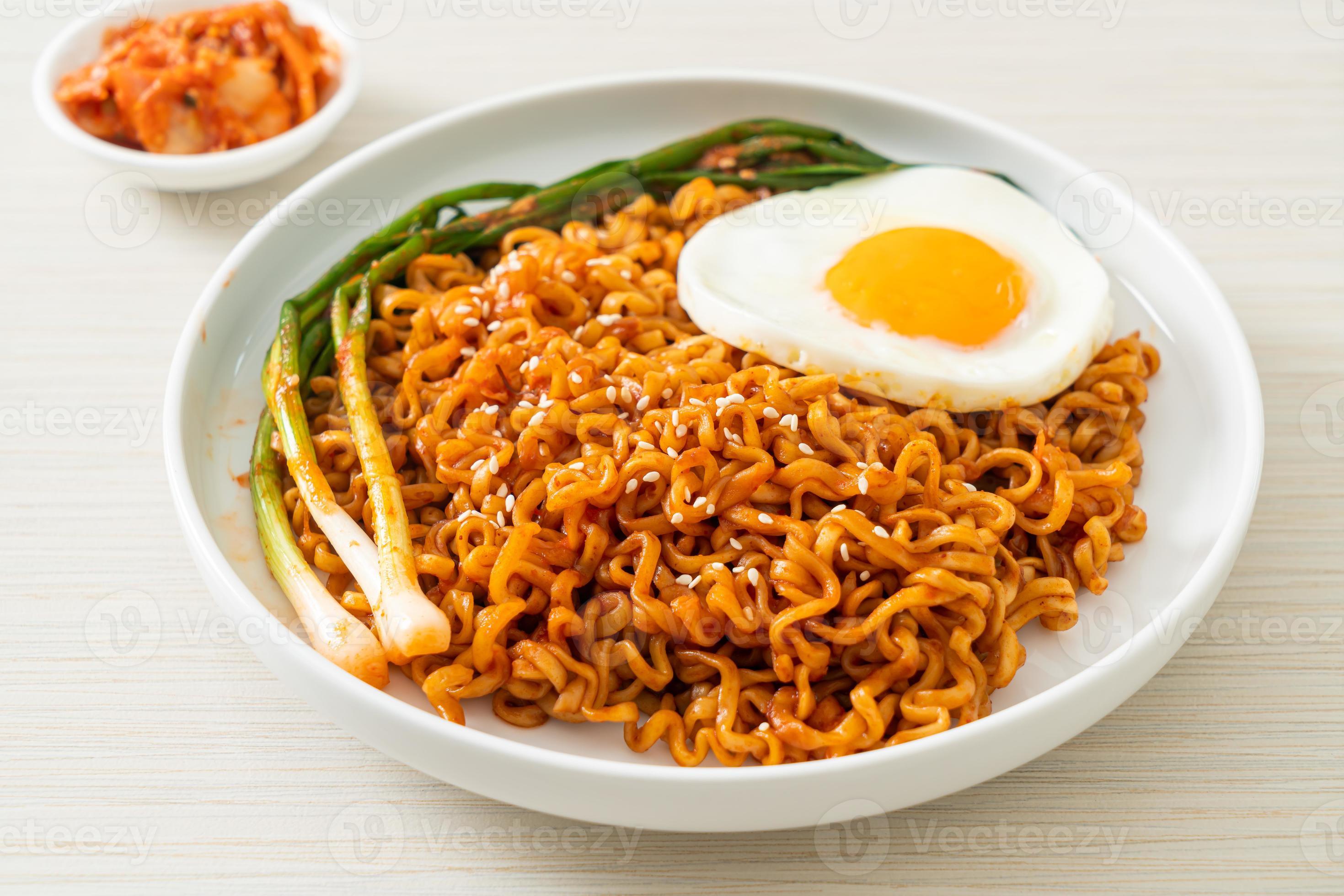 dried Korean spicy instant noodles with fried egg 7670844 Stock Photo