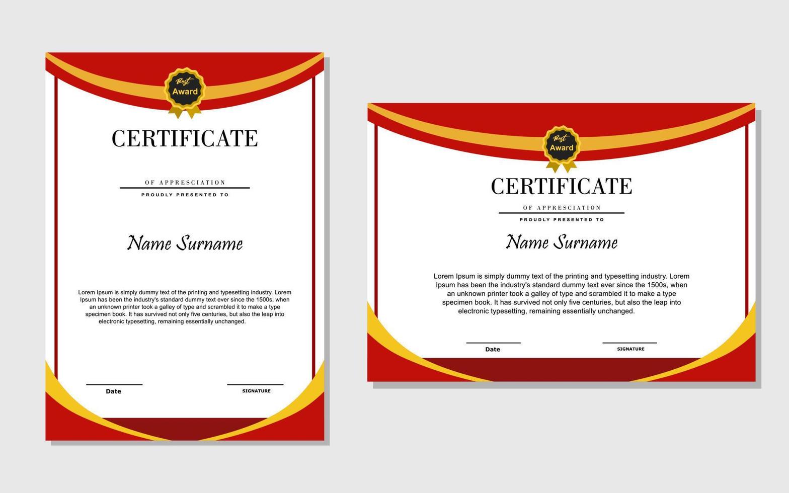 simple certificate in red and gold color flat style. vector