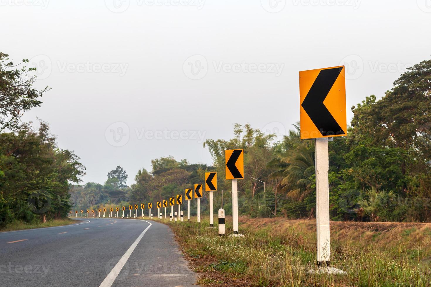 señales de fila amarilla, curvas en la carretera. foto