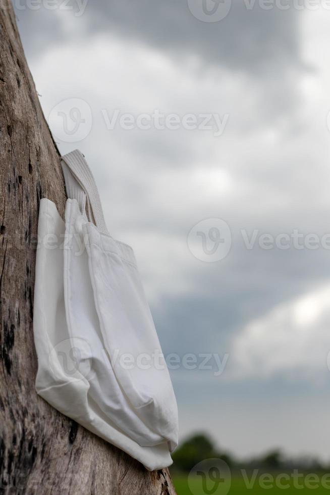 All three white bags hung with decaying stumps. photo