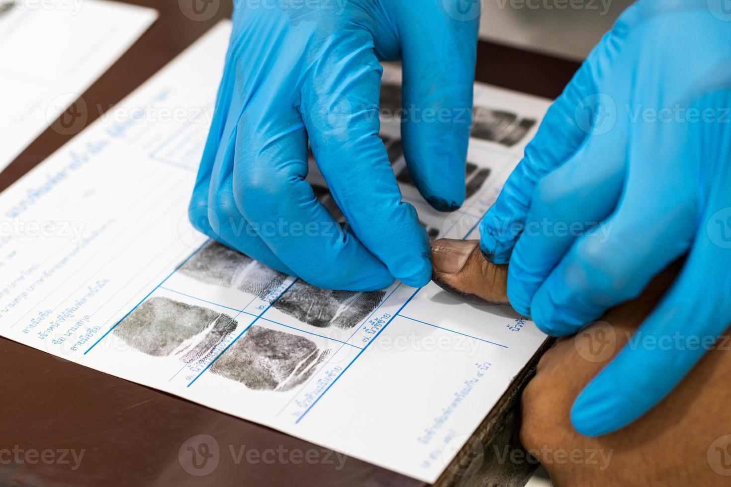 Wearing blue gloves, finger print, accused. photo