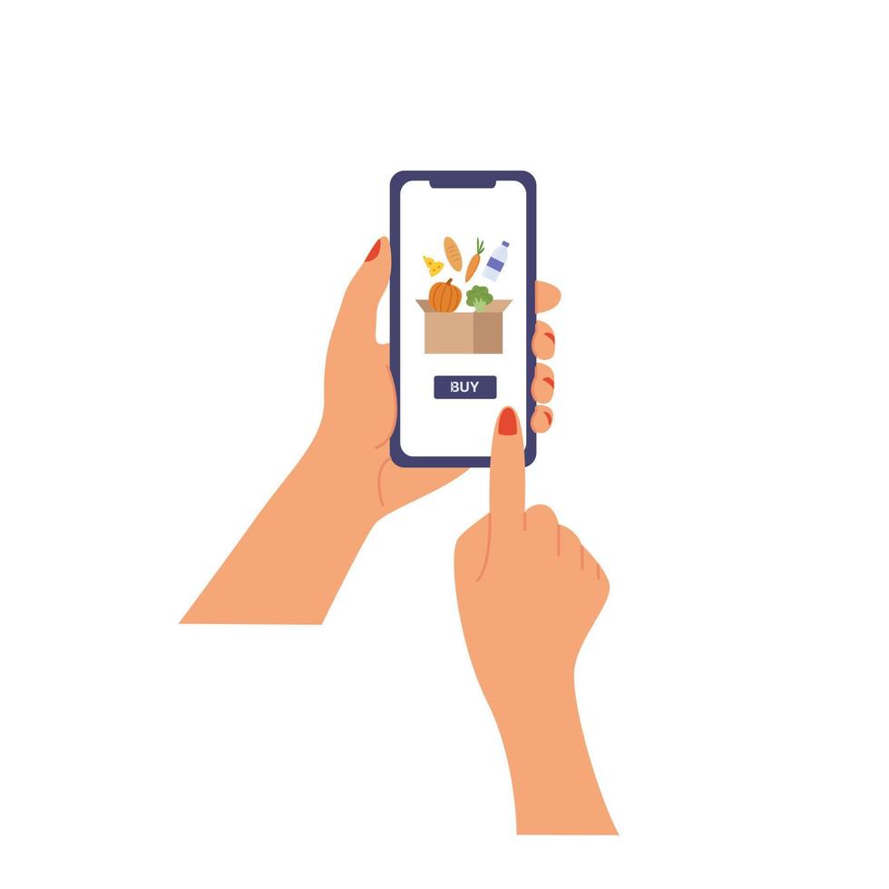 Order food online. Hand holding smartphone with food on the screen. Flat vector illustration.