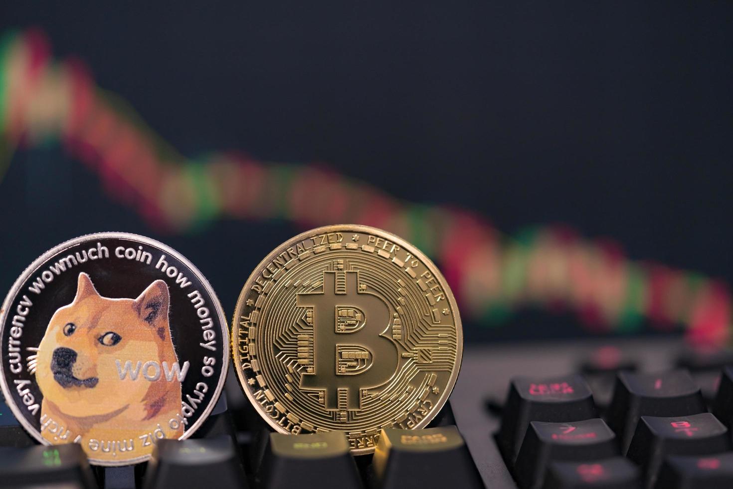 Dogecoin DOGE and Bitcoin BTC group included cryptocurrency and stock chart candlestick down trend lose stock on computer keyboard. Use technology cryptocurrency blockchain. close up coin. photo