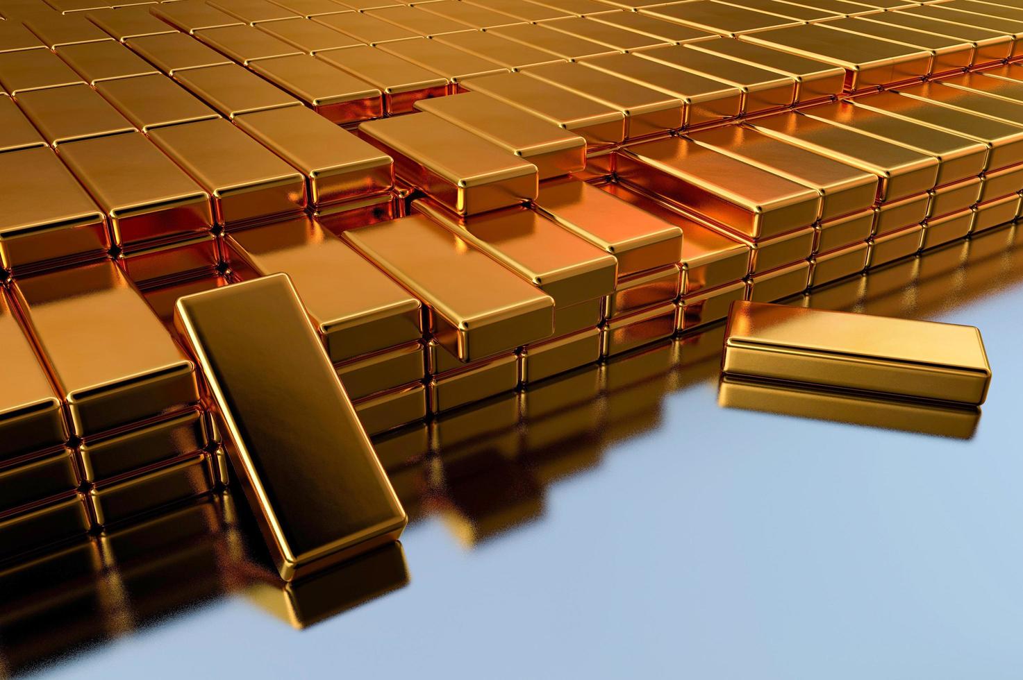 Ilustración 3d de una reserva de oro, en forma de barras de oro dispuestas en filas. almacenamiento de oro a gran escala foto