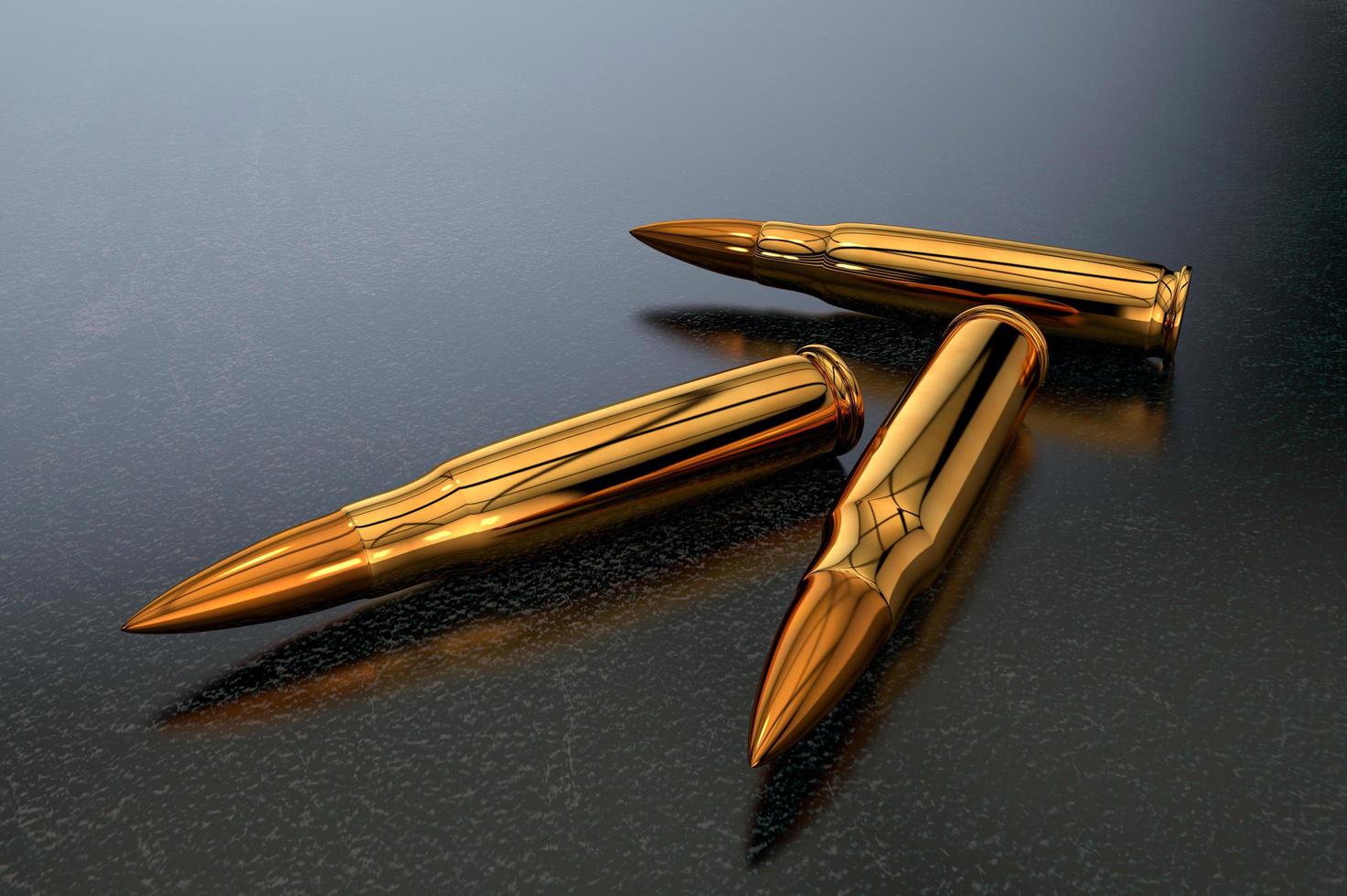 3D illustration of three large-caliber cartridges lying on a dark and glossy surface photo