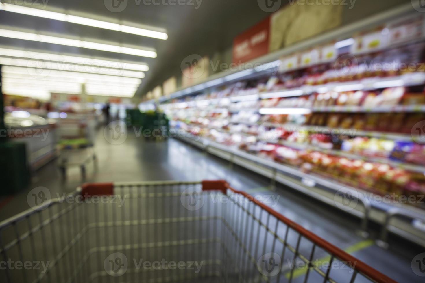 The defocused blur of supermarket buying cart shopping meat. photo