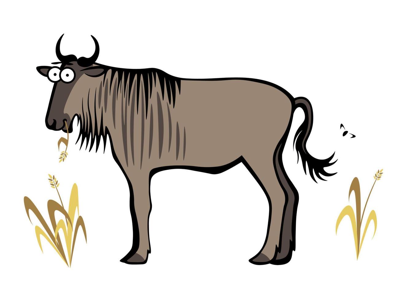 Careless cartoon wildebeest chewing grass vector