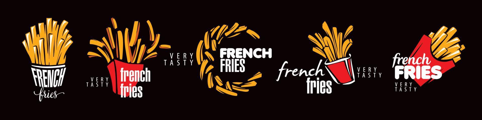 A set of vector illustrations of French fries on a black background