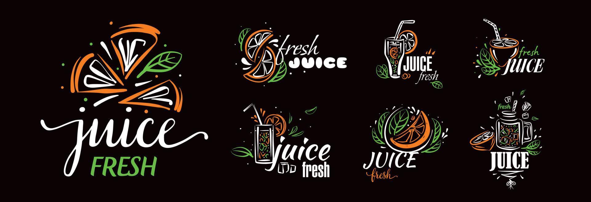 A set of vector drawn logos of fresh juice on a black background