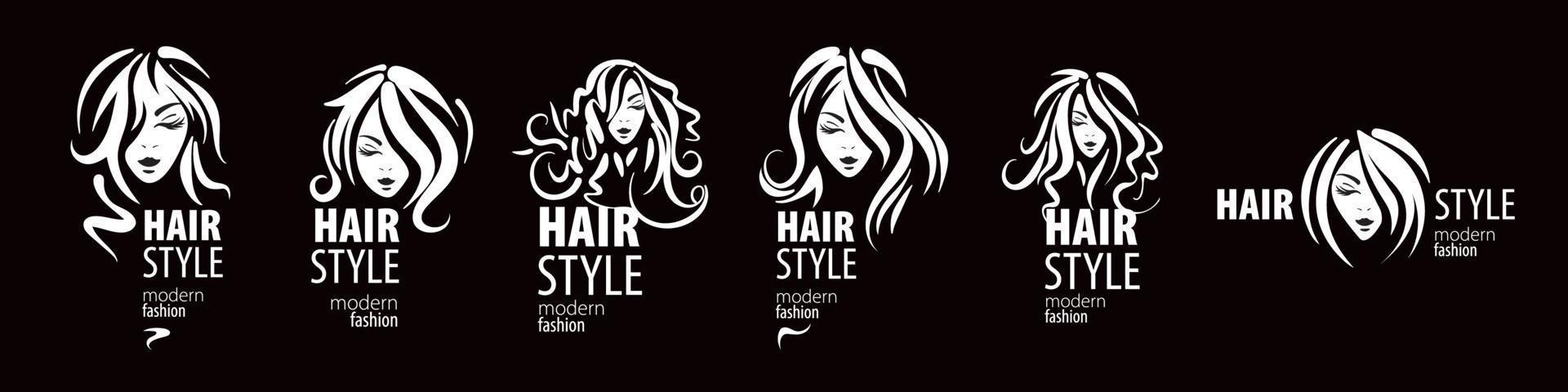 A set of vector illustrations of a womans hairstyle on a black background