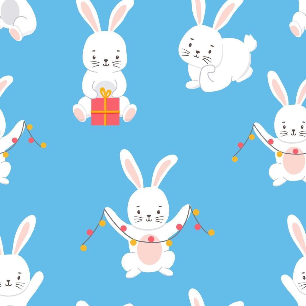 Seamless pattern with Cute character white bunny. Vector illustration of rabbit isolated on blue background. Symbol new year 2023 and Christmas