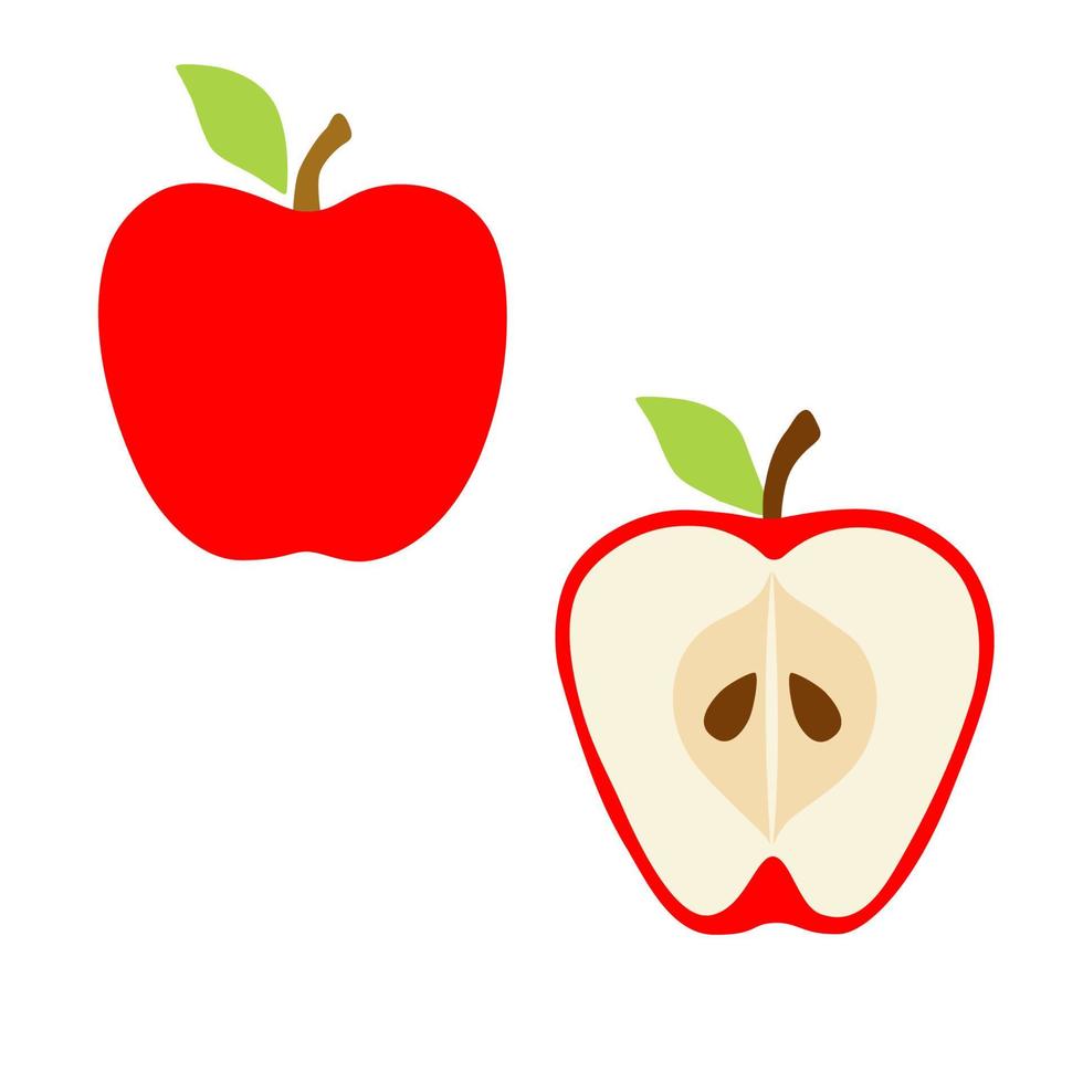 Red apple with leaf in flat style. Half an apple with seeds. Vector illustration is isolated on white