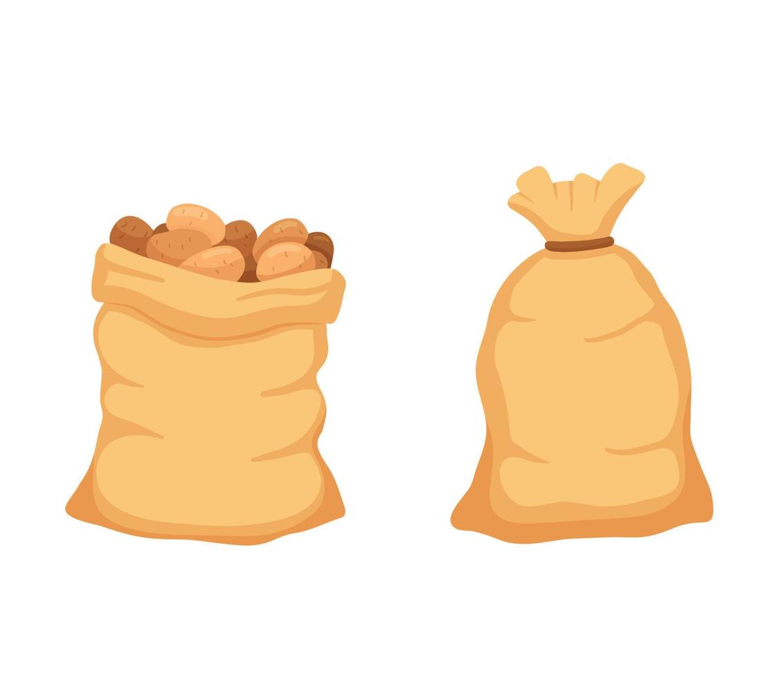 Vector illustration of a full sack of potatoes isolated on white. Closed brown bag in cartoon style.