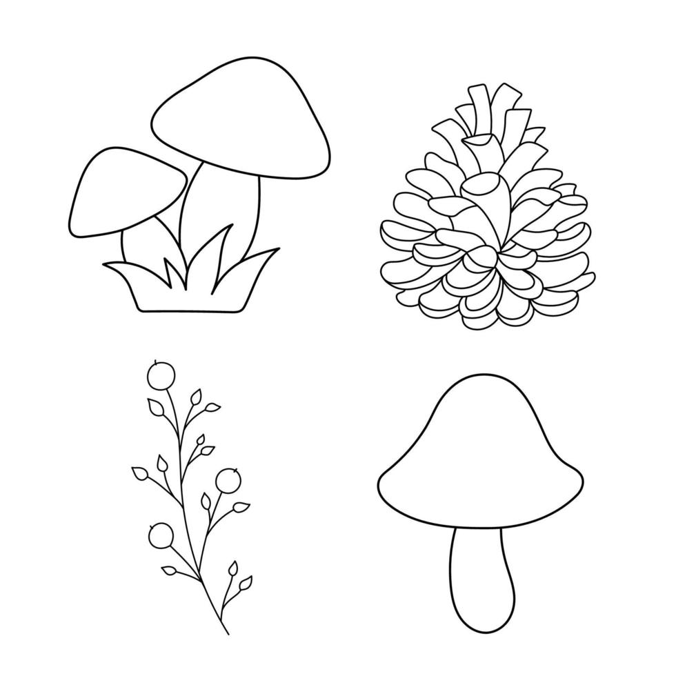 Vector hand drawn autumn elements. Cone, mushrooms, botanical branch. Outline illustration for coloring page isolated on white.