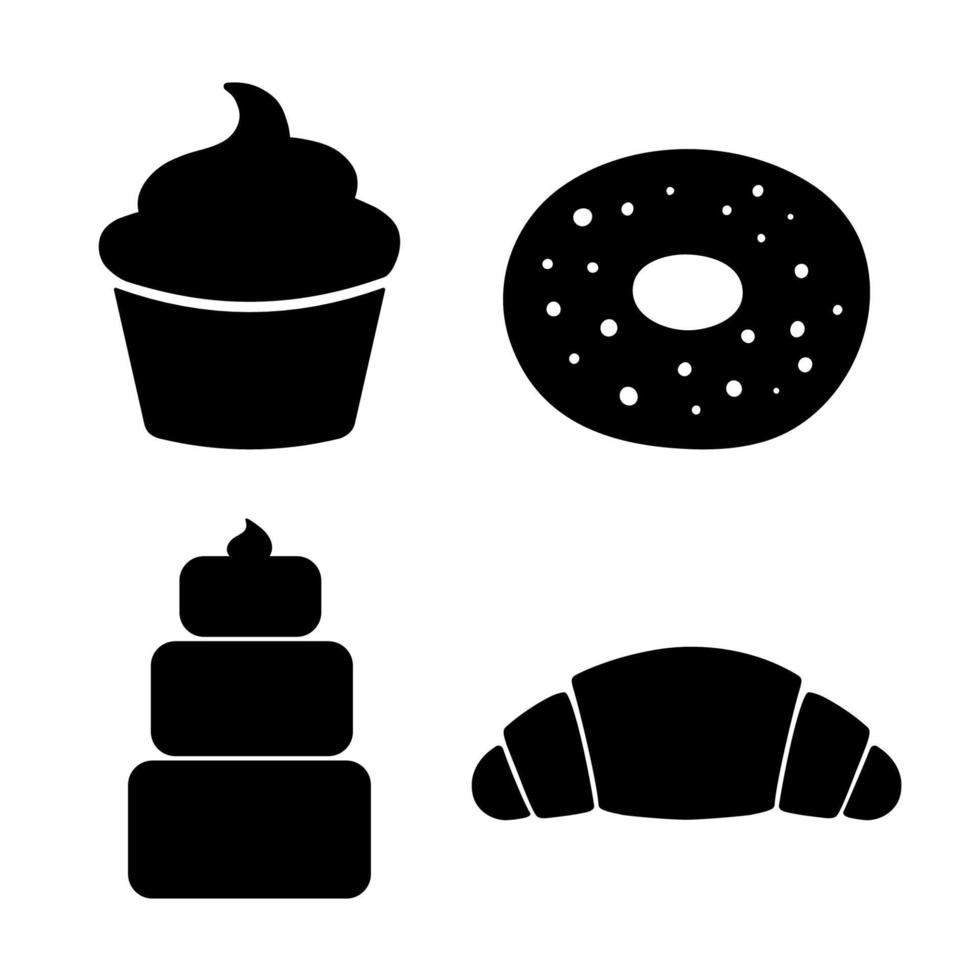 Bakery icon in solid black flat shape glyph icon, isolated on white. Vector croissant, cake, cupcake and doughnut filled