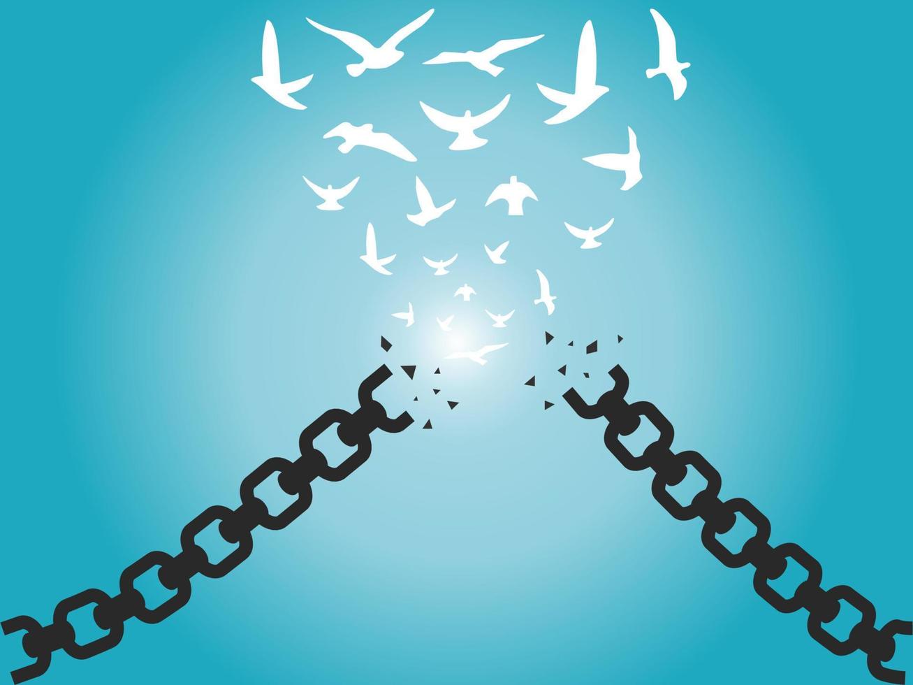 Chains breaking and birds flying to freedom. Happiness of freedom concept. vector