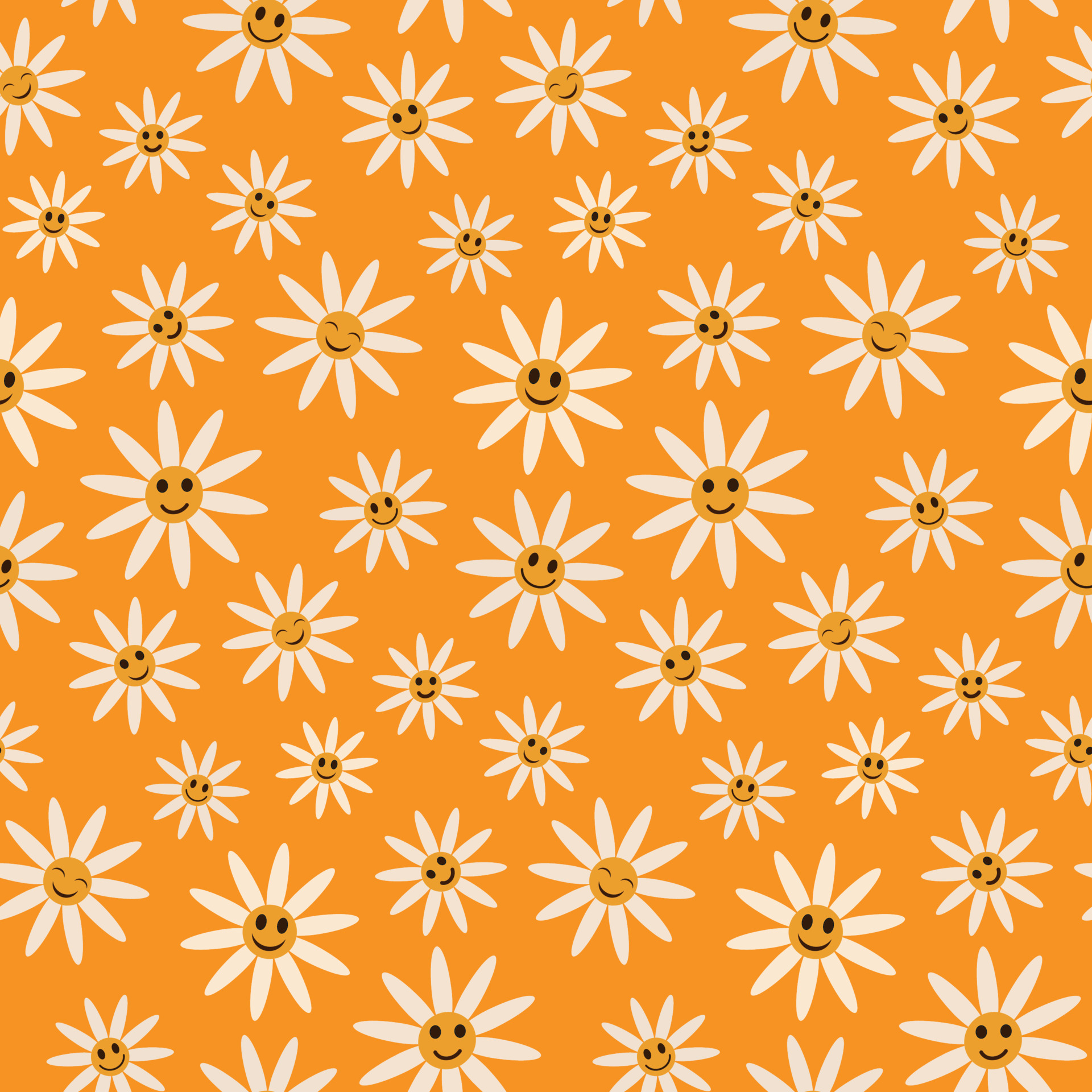 Cute smiling white daisy flowers seamless pattern on orange background