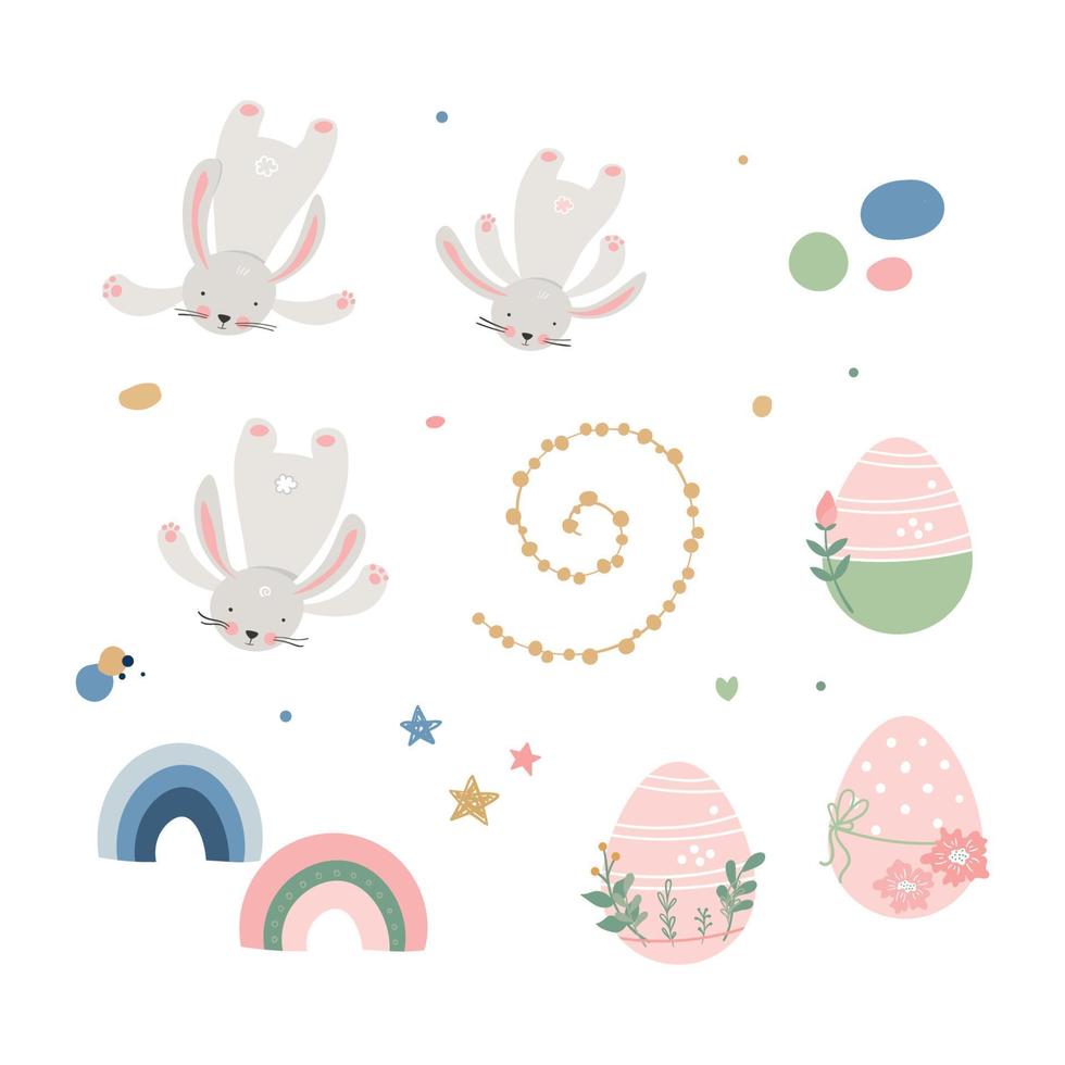 Cartoon cute rabbits set with easter eggs and rainbow vector